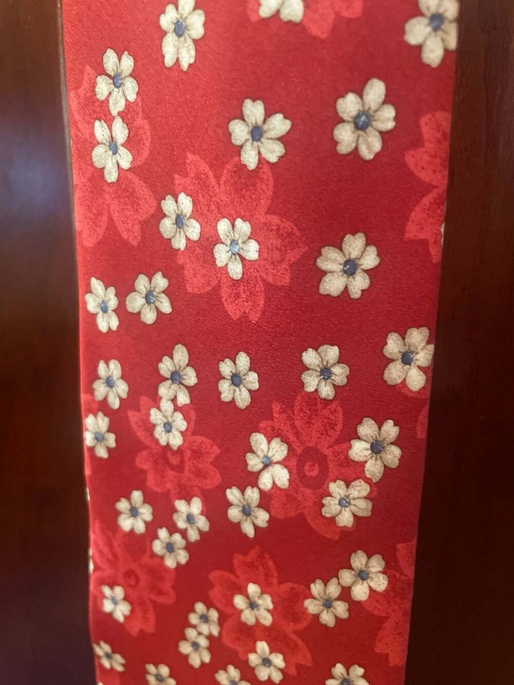 Claiborne Red Silk Tie with White and Floral Blossom Pattern